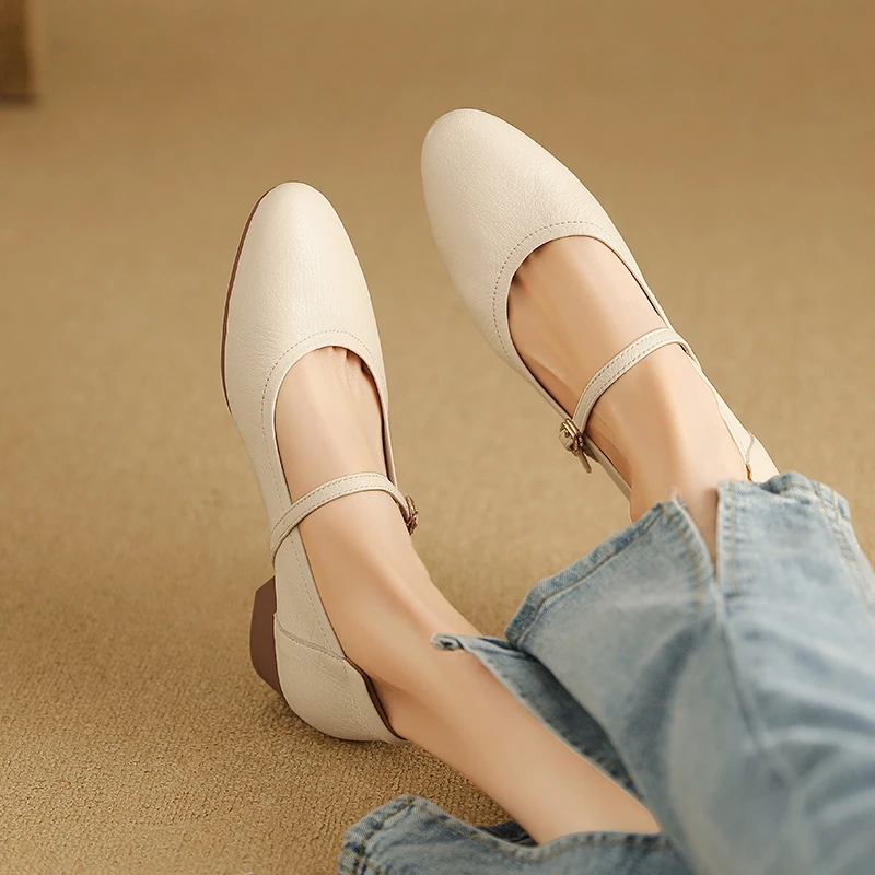 3CM，羊皮女单鞋百搭真皮休闲鞋法式奶奶鞋夏季粗跟浅口通勤鞋女鞋