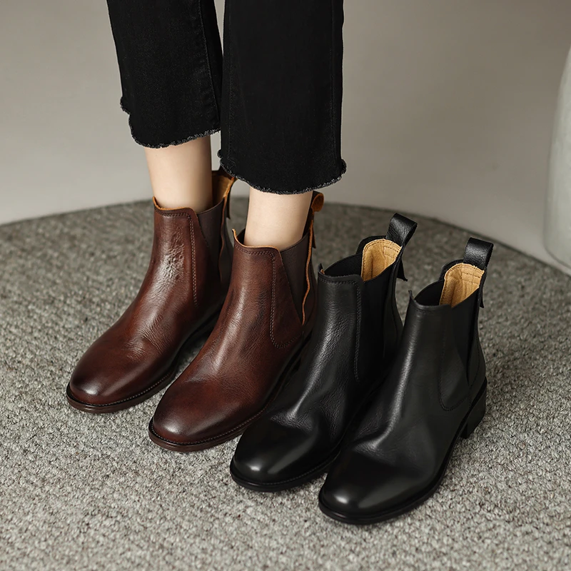 牛皮短靴复古真皮3CM靴子粗跟女靴英伦34-英伦风真皮粗跟女短靴