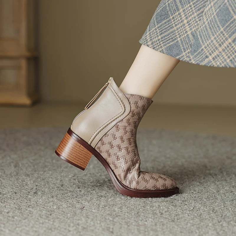 5CM，棕色马丁靴复古短靴时尚高跟时装靴百搭圆头秋冬女靴子粗跟靴