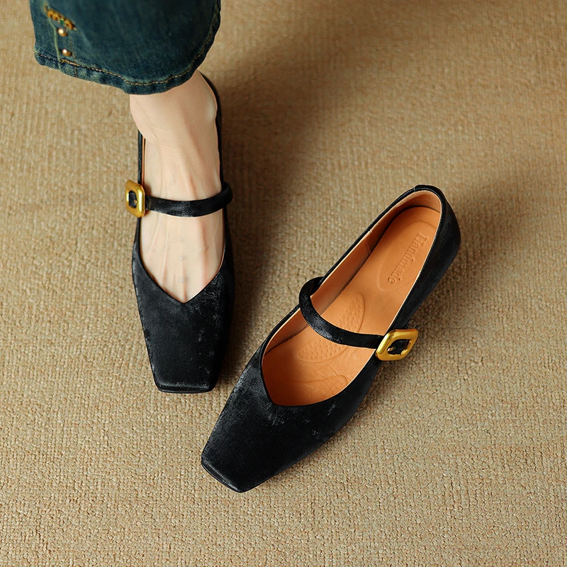3CM，牛皮单鞋百搭复古休闲鞋玛丽珍鞋浅女士方头平底小牛皮玛丽珍