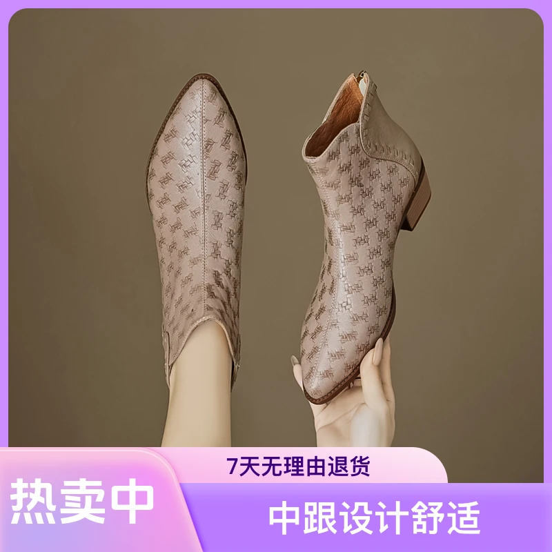 真皮羊皮短靴女2025复古马丁靴粗跟尖头新款手工羊皮复古粗跟短靴