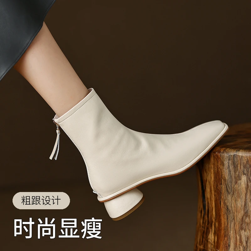 3CM，牛皮短靴马丁靴复古粗跟方头秋冬时装靴显瘦女靴瘦瘦靴短靴女
