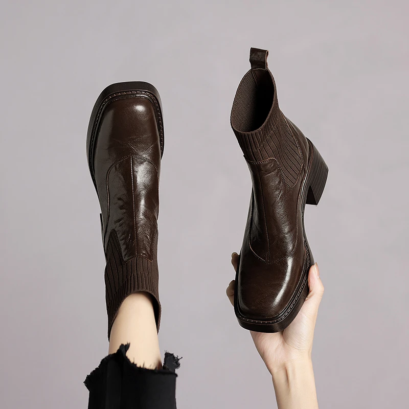 6CM复古高跟粗跟圆头短筒靴女秋冬新款厚底瘦瘦高高跟粗跟长筒靴