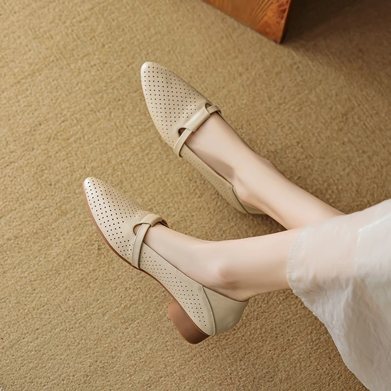 羊皮新款洞洞鞋粗跟浅口懒人鞋尖头夏季休闲鞋软女士软底羊皮浅口