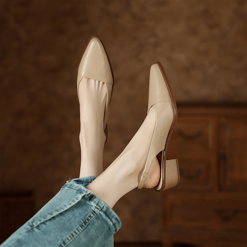 羊皮凉鞋气质单鞋法式粗跟高跟尖头方头中跟通勤鞋时尚夏季女鞋子