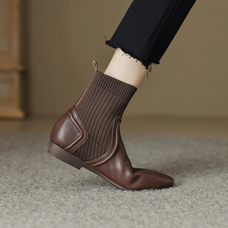 2CM，头层牛皮新款加绒弹力瘦瘦靴秋冬针织马丁靴牛皮加绒增高短靴