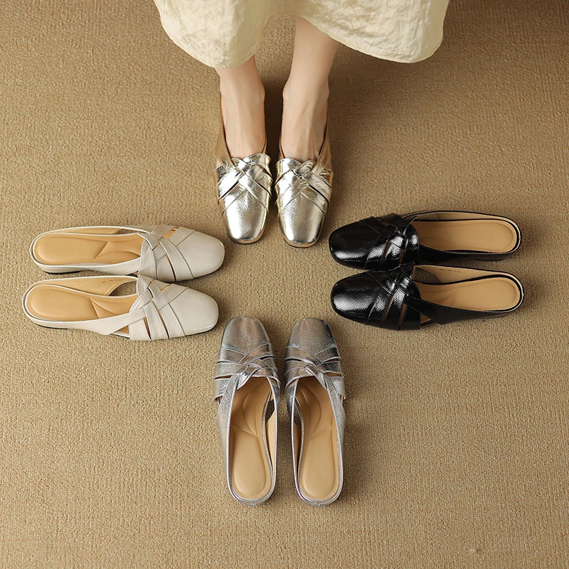 牛皮夏季方头穆勒鞋软底内增高女凉鞋网红新款半拖编织软底女拖鞋