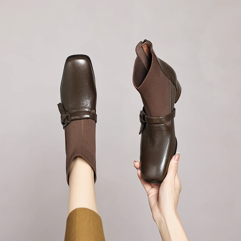 4CM，羊皮粗跟英伦风弹力靴秋冬复古靴子时尚方复古方头粗跟马丁靴