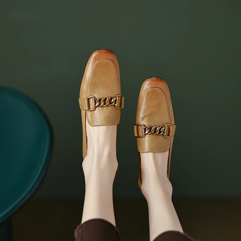 2CM外穿牛皮单鞋粗跟百搭真皮平底通勤复古褶皱真皮平底单鞋