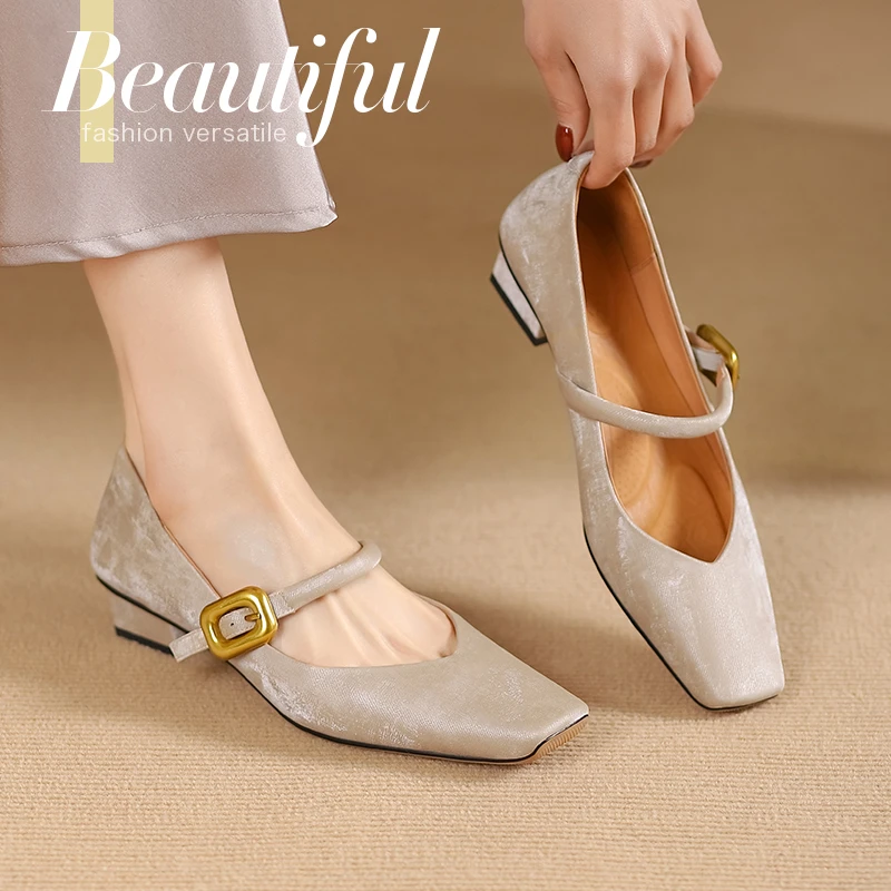 3CM，牛皮手工百搭夏季粗跟玛丽珍鞋复古浅口休女方复古粗跟玛丽珍