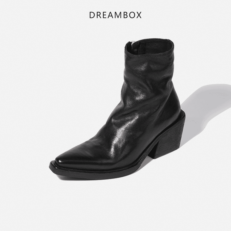 dreambox钧博高档马皮尖头粗跟切尔西靴秋冬新款美式复古风瘦瘦靴