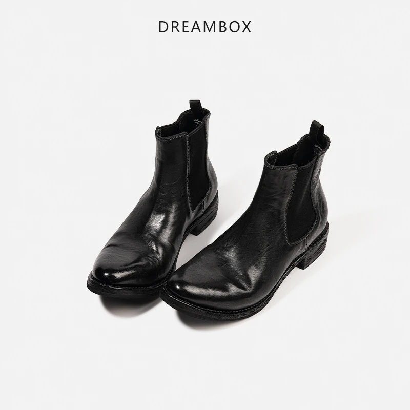 dreambox钧博【情侣款】暗黑风马皮透气尖头切尔西靴手工固特异皮靴