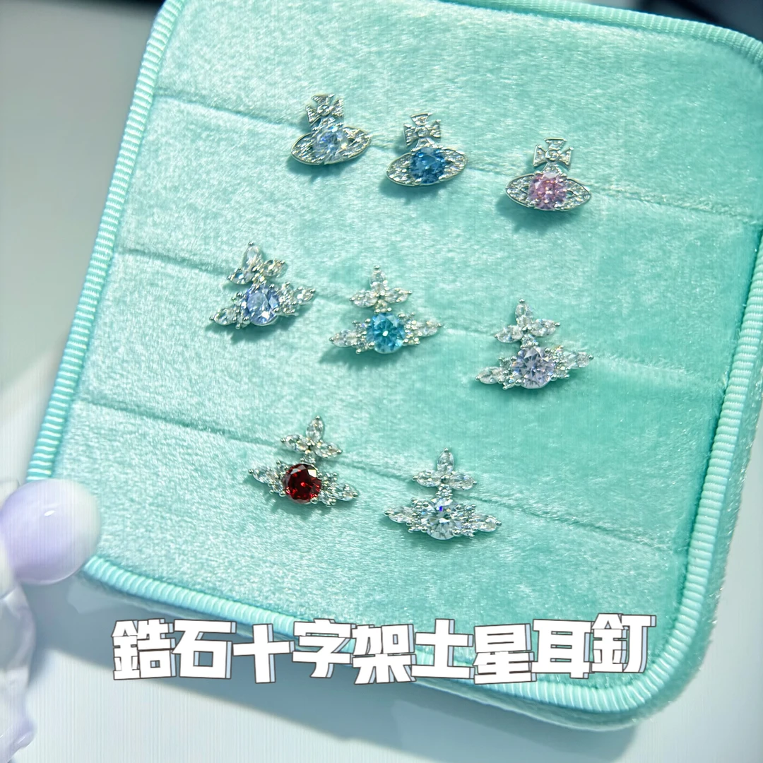 钛钢锆石耳饰 爆闪八星八箭锆石时尚十字架土星耳钉耳钉闪钻爆闪