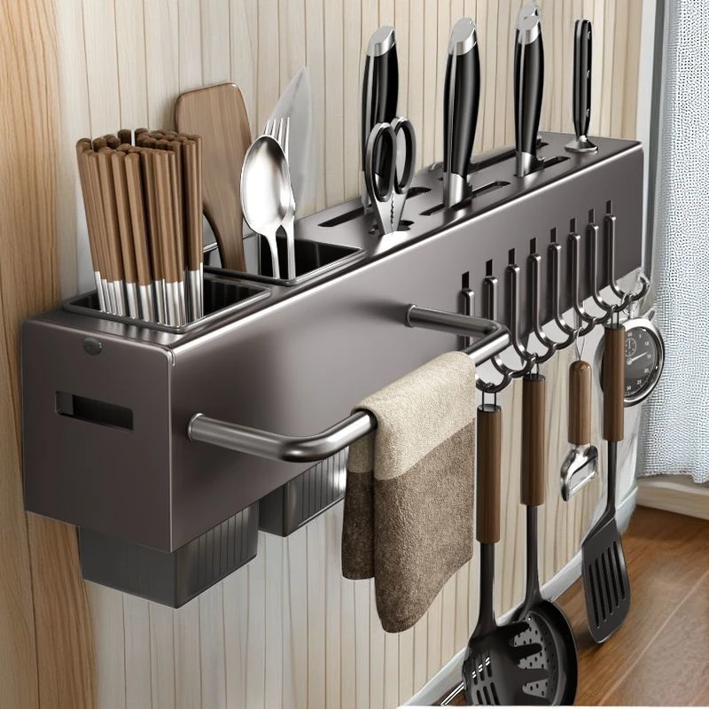 新款刀架壁挂式免打孔厨房多功能厨房置物架刀具筷子一体收纳架子