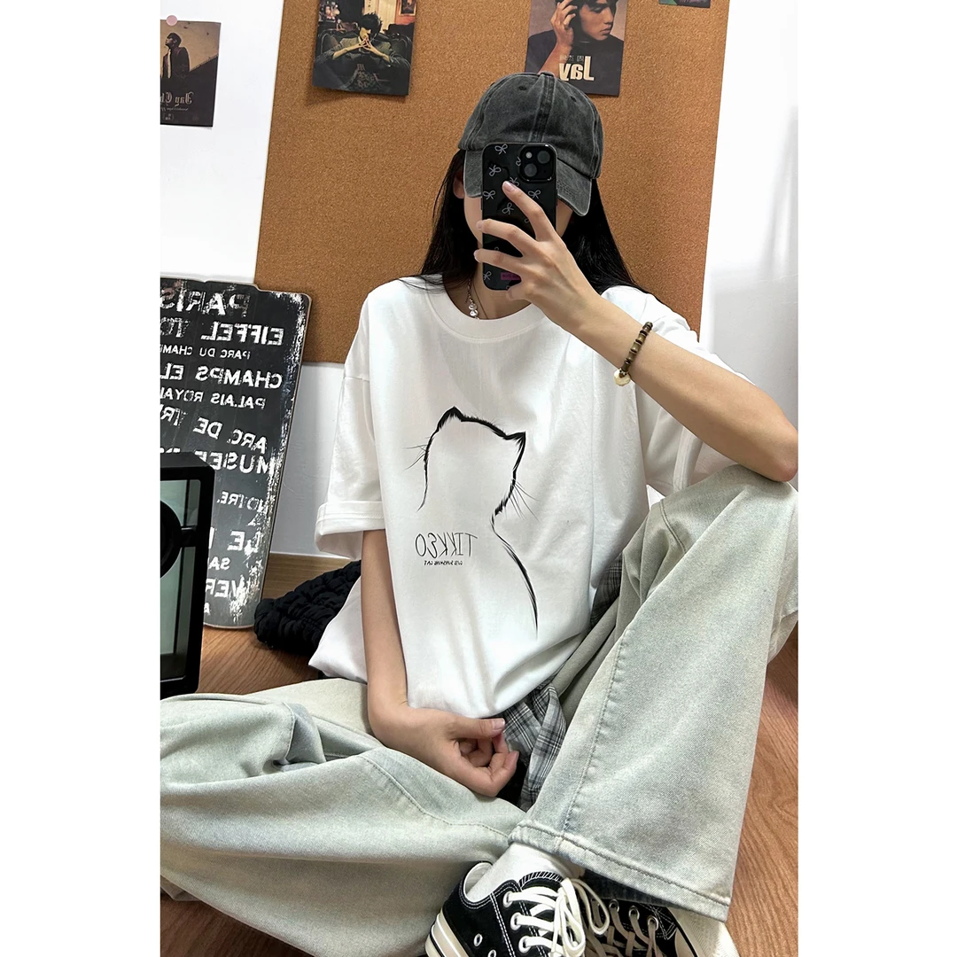 夏季新款简约百搭oversize小众印花ins学院风短袖T恤半袖上衣男女