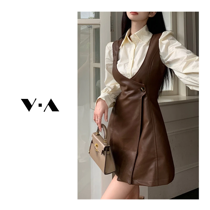 秋季韩版杏色polo领衬衫上衣时尚套装女pu皮背带连衣裙复古法式
