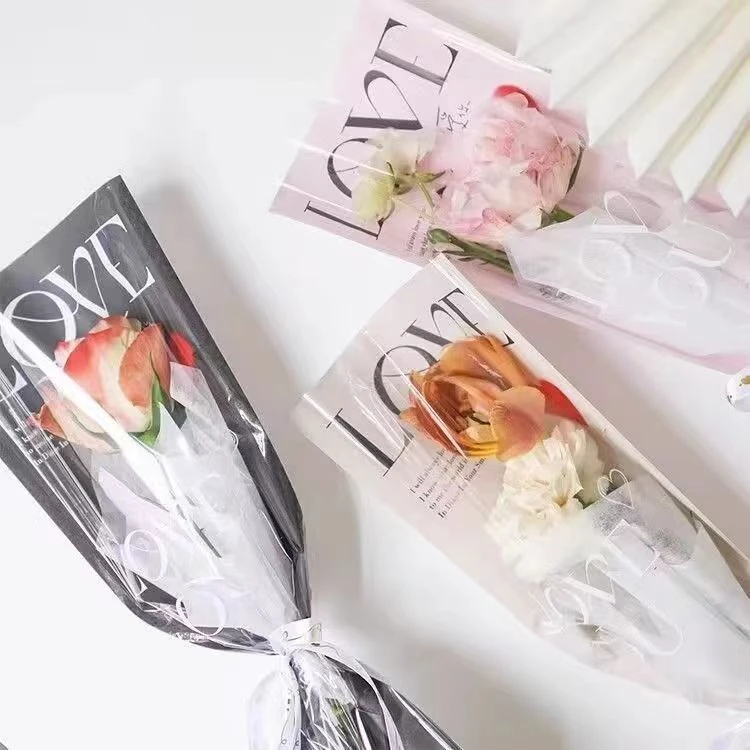 单枝玫瑰花包装情人节花束鲜花DIY手工纸袋LOVE透明直筒美观方便