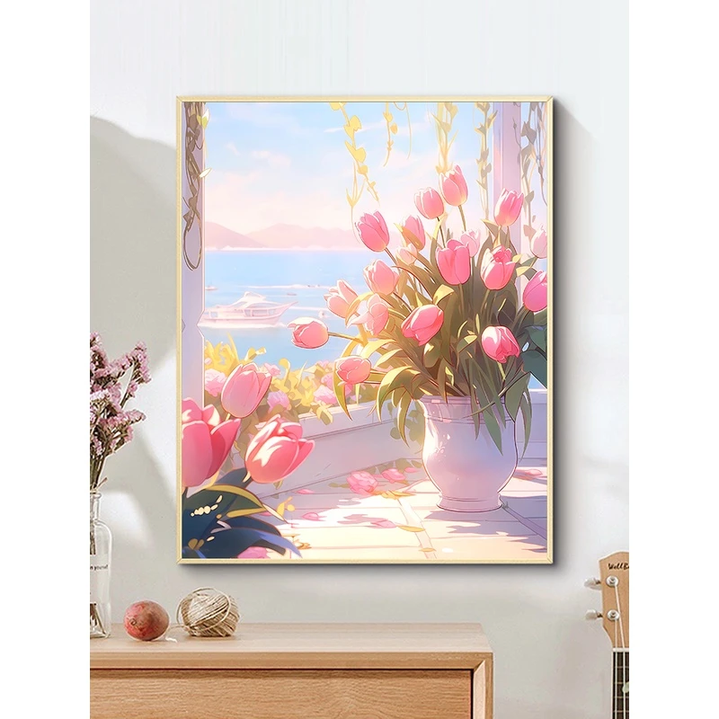 [云端]窗前郁金香diy数字油画丙烯填充色彩手绘油彩画涂色装饰画