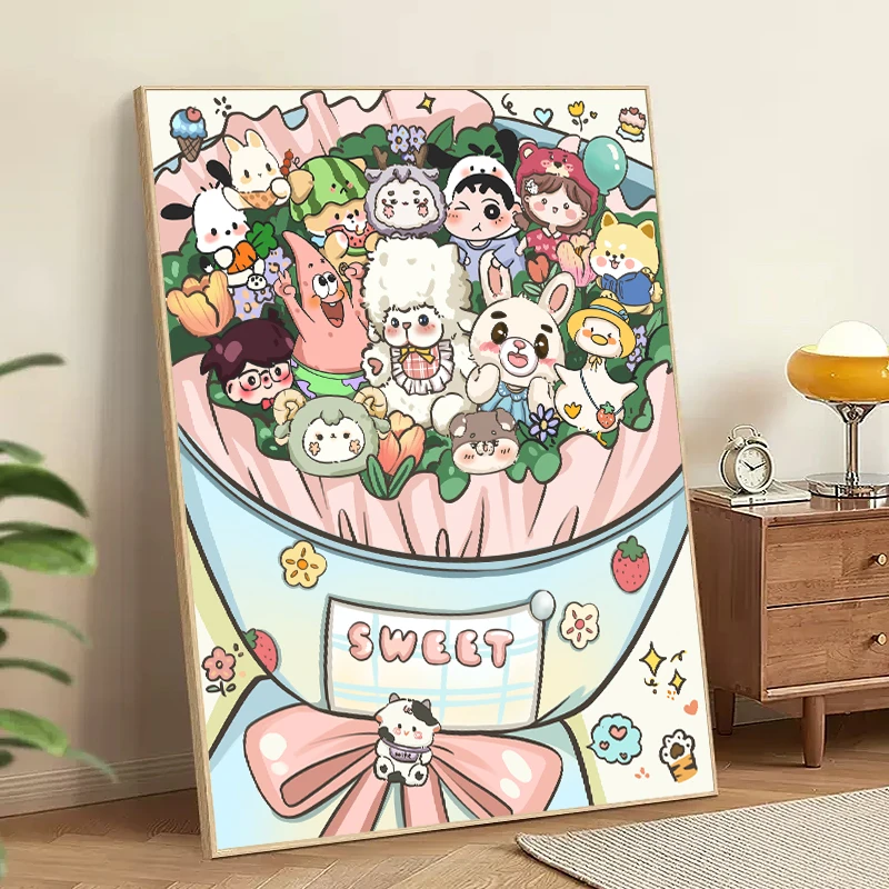 萌宠卡通花束diy数字油画手绘油彩画填充减压家居装饰画