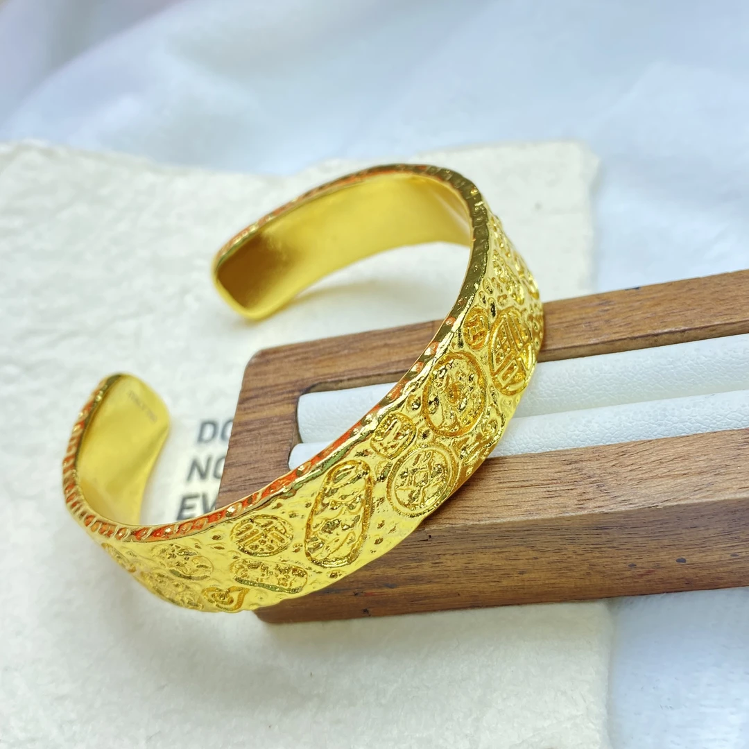 手镯 W黄色宽吉言开口手镯多样性发货WZ002