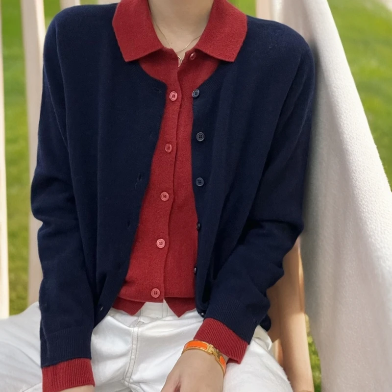 （鑫悦女装）秋新长袖Polo开衫女假两件真开衫百搭纯色上衣女-24096