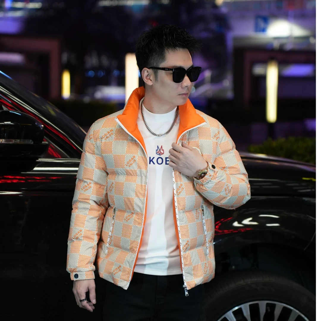 2024男士冬季加厚格子撞色潮牌休闲羽绒服潮流立领潮牌欧货外套