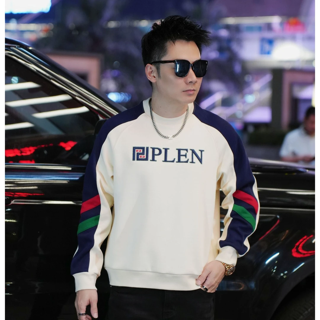 2024男士秋冬潮牌轻奢卫衣宽松时尚撞色休闲圆领加绒男士长袖