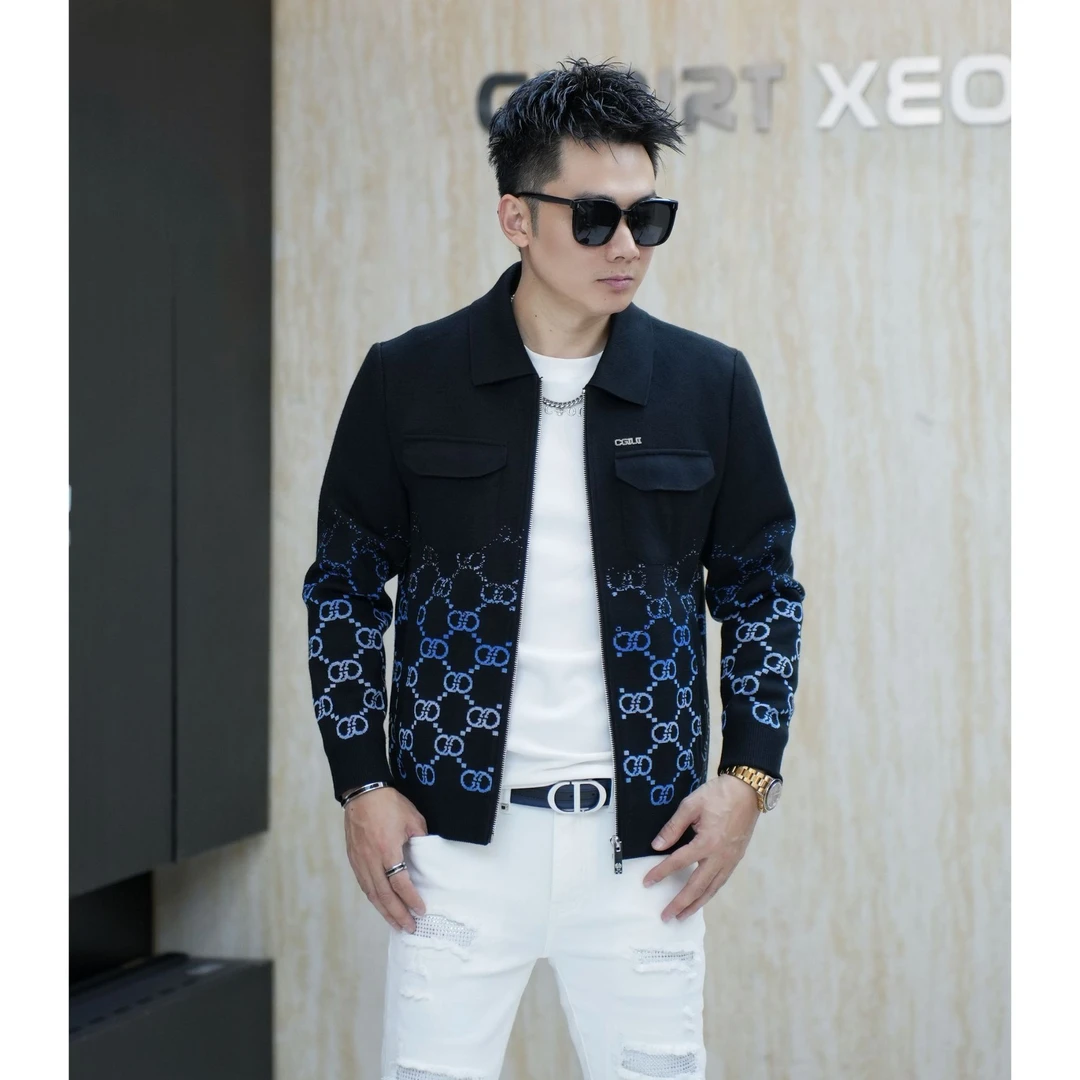 2024秋季新款男士翻领轻奢高端休闲夹克针织印花短款修身显瘦外套