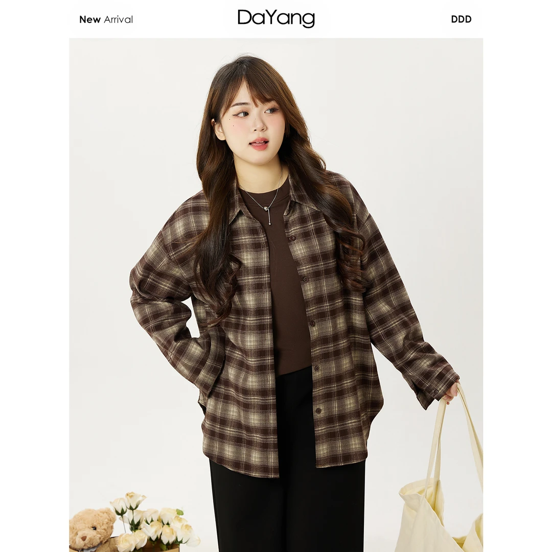 120斤的大杨 复古长袖格子衬衫女上衣小个子宽松休闲衬衣外套8338
