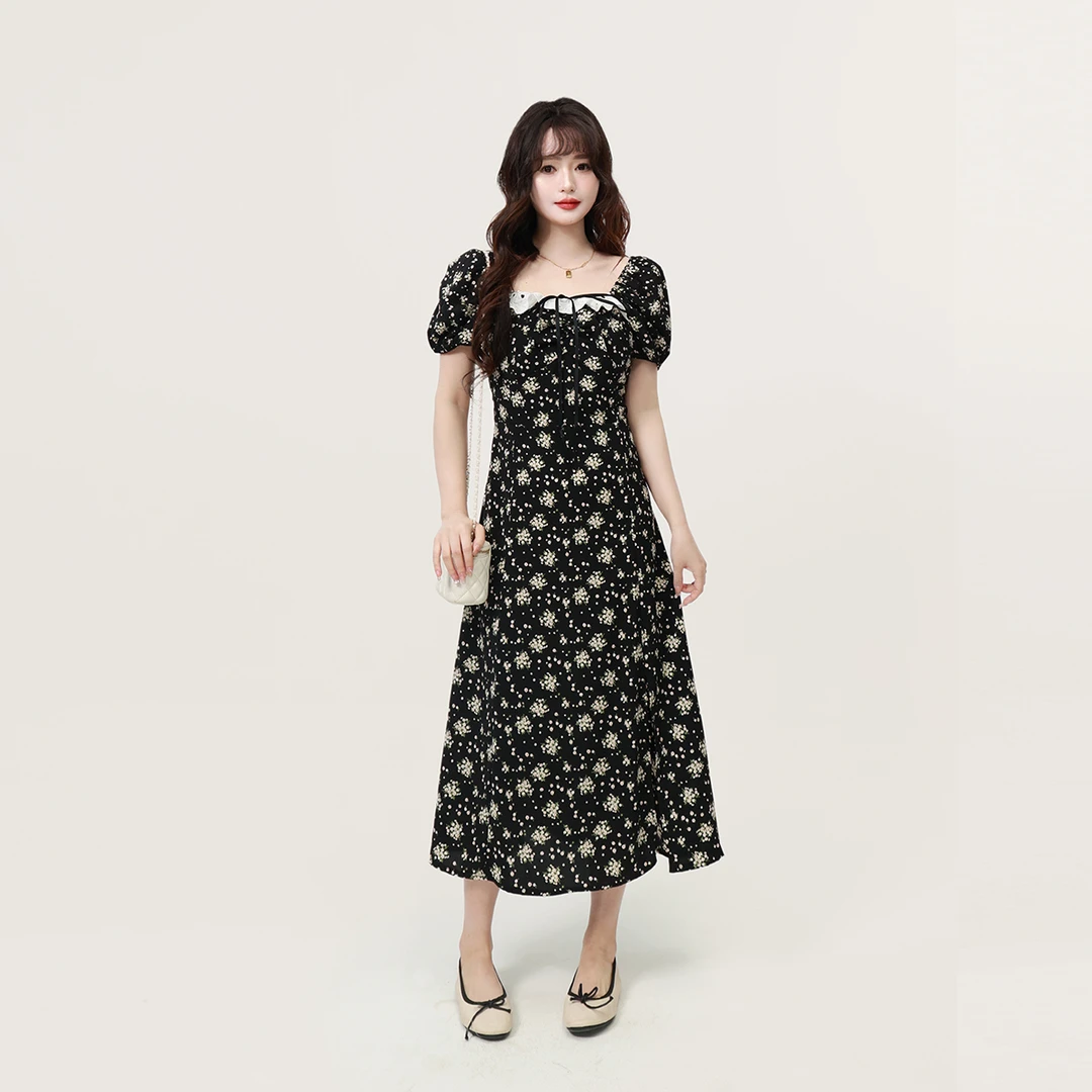 120斤的大杨 黑色方领碎花连衣裙微胖小个子收腰显瘦裙子女8556