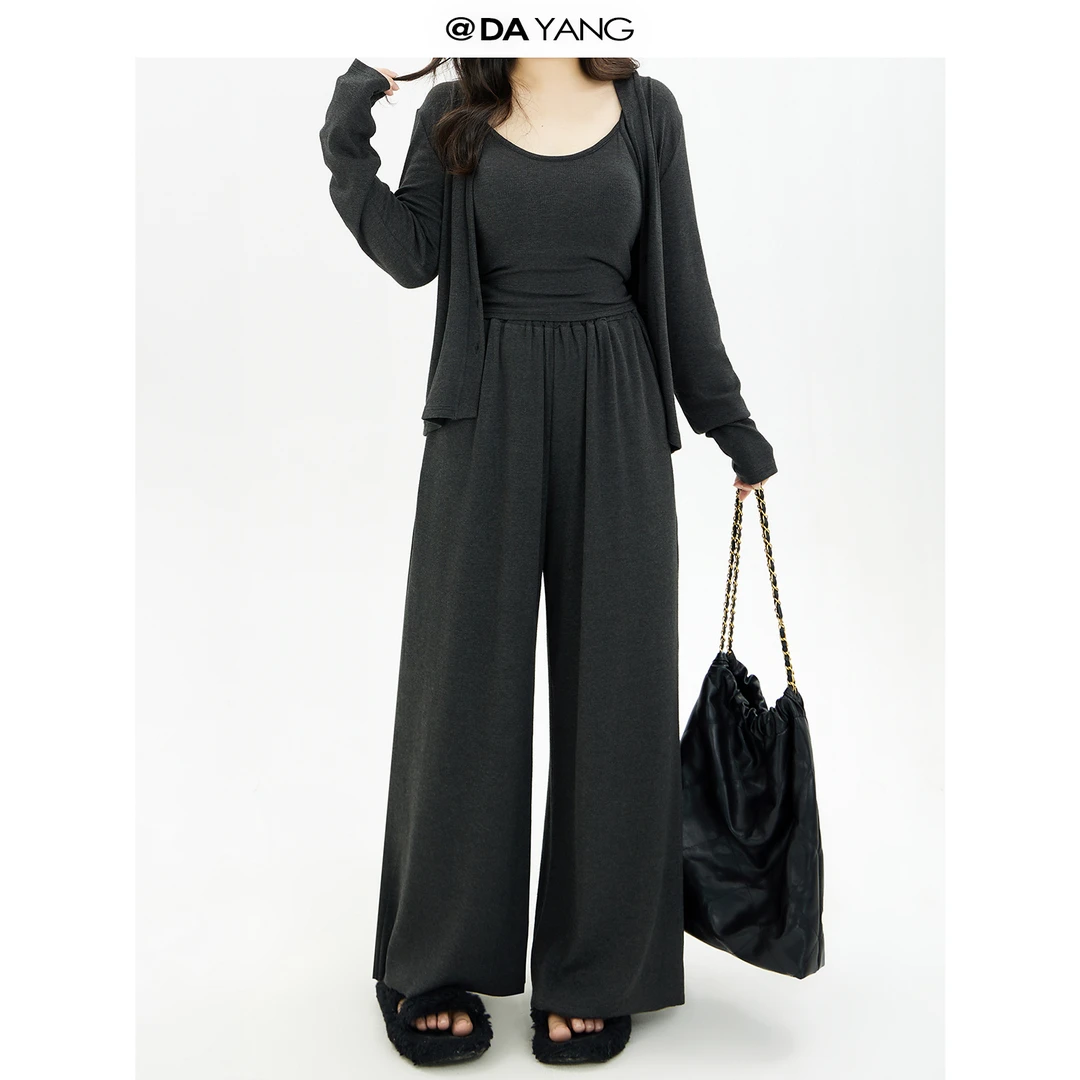 120斤的大杨 大码显瘦套装女初秋吊带开衫阔腿裤休闲三件套19187