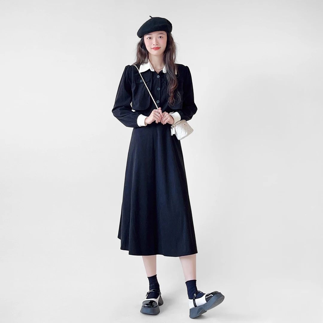 120斤的大杨 法式黑色赫本风连衣裙新款小个子收腰气质长裙6012