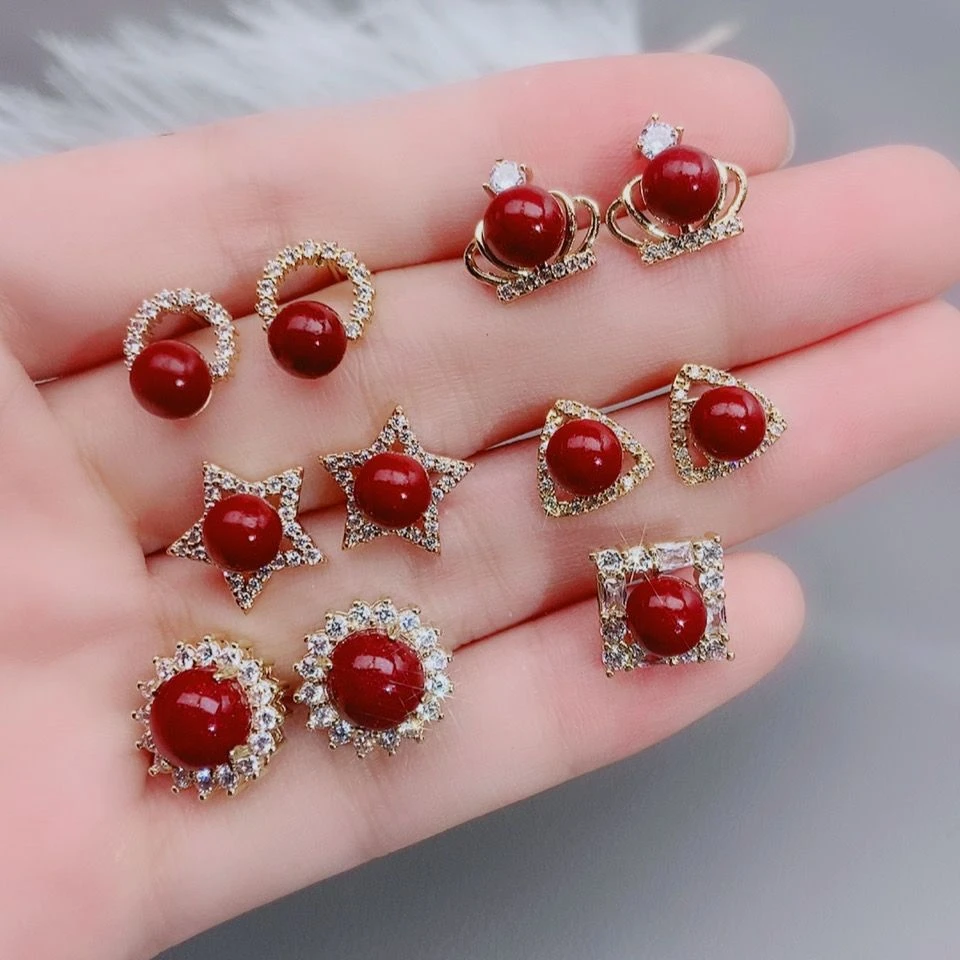 含辰砂工艺品正品镶嵌款朱红砂耳钉时尚百搭红色耳饰气质耳环礼物