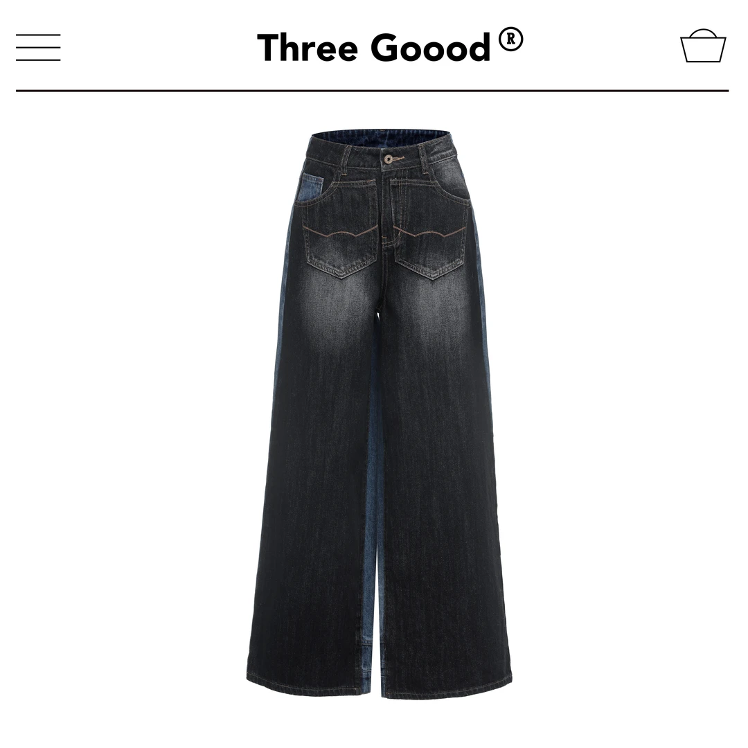 THREE GOOOD/三吉 时尚设计感双面撞色不规则拼接牛仔裤 SK230379
