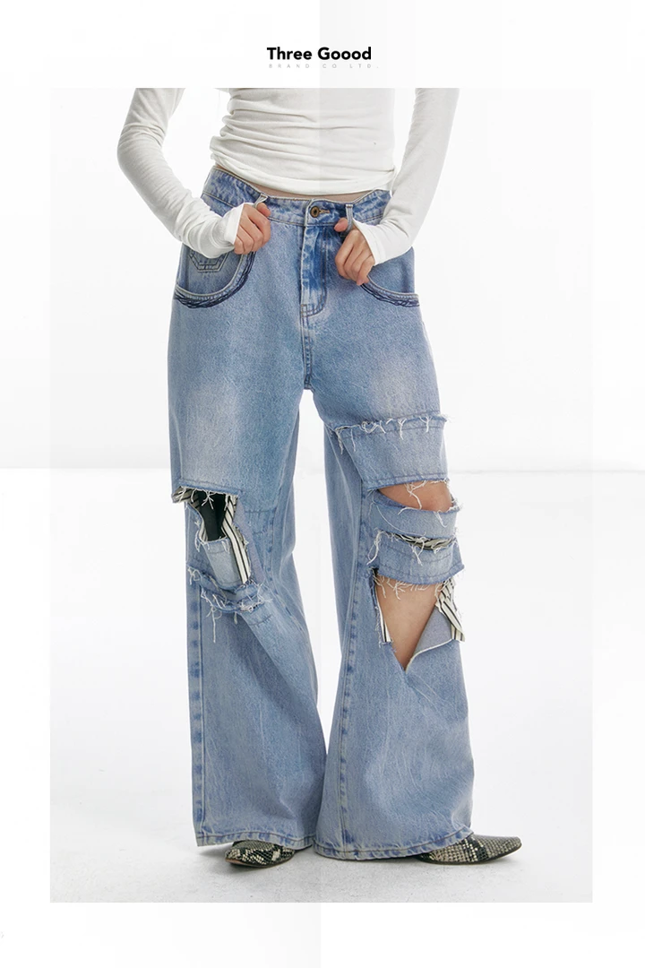 THREE GOOOD/三吉《年终放价》青春怪兽破洞条纹拼接牛仔裤SK240726