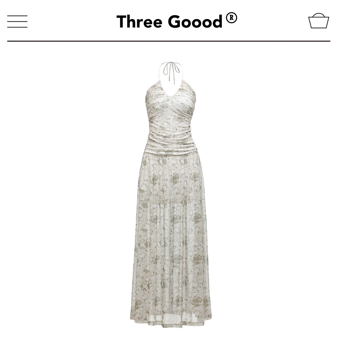 THREE GOOOD/三吉心动旋律V领网纱挂脖连衣裙 SQ230055