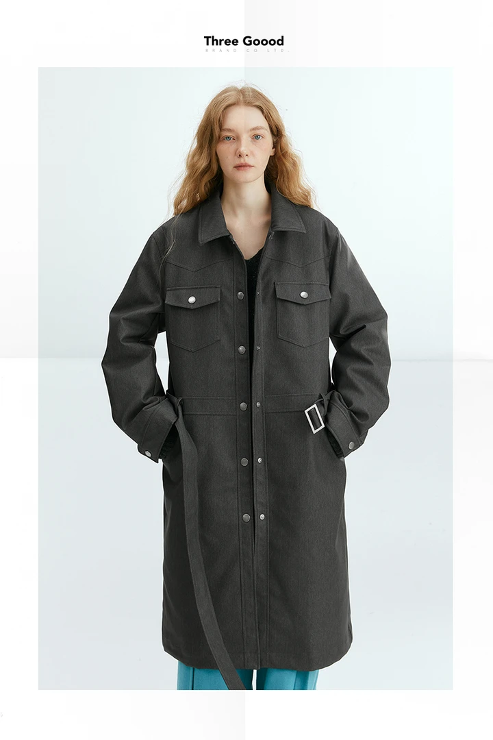 THREE GOOOD/三吉平静海风气质款皮腰节设计风衣羽绒服 YY231061