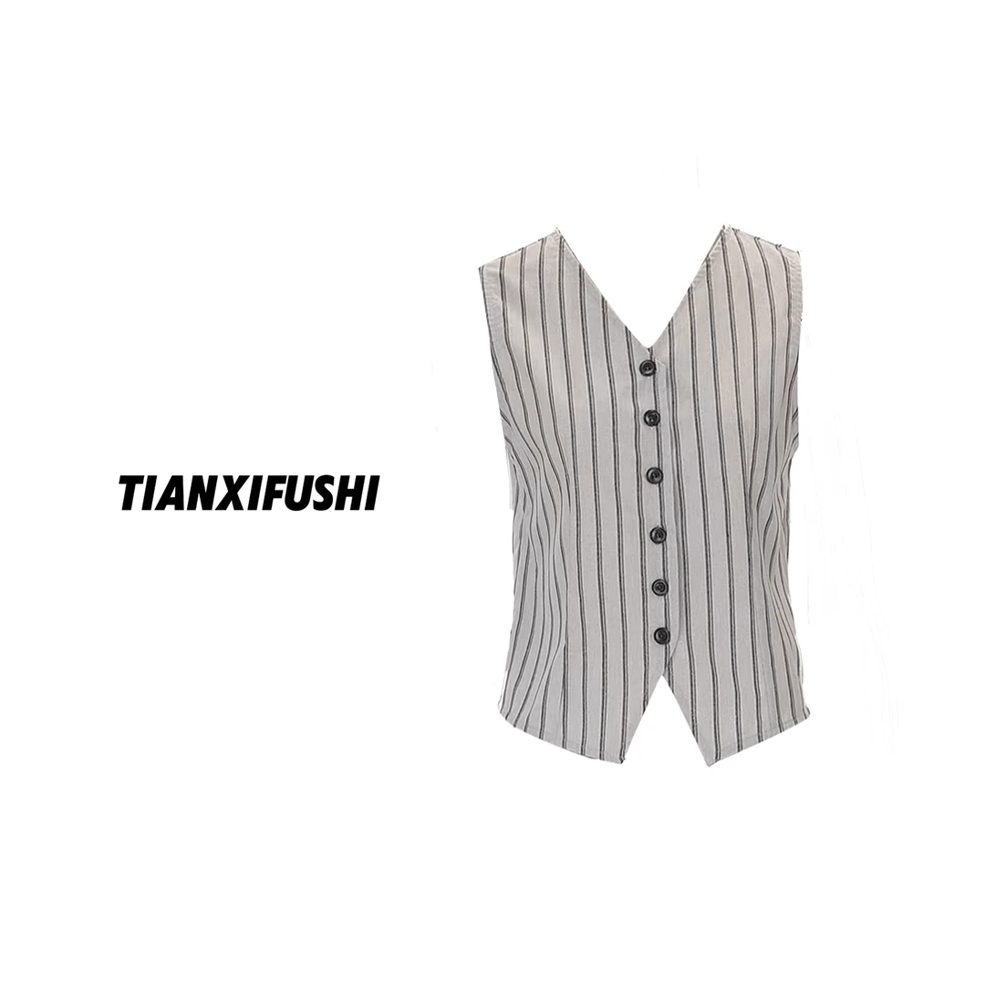 《年终放价》设计感气质夏季小众无袖复古修身条纹马甲 GS0019-C