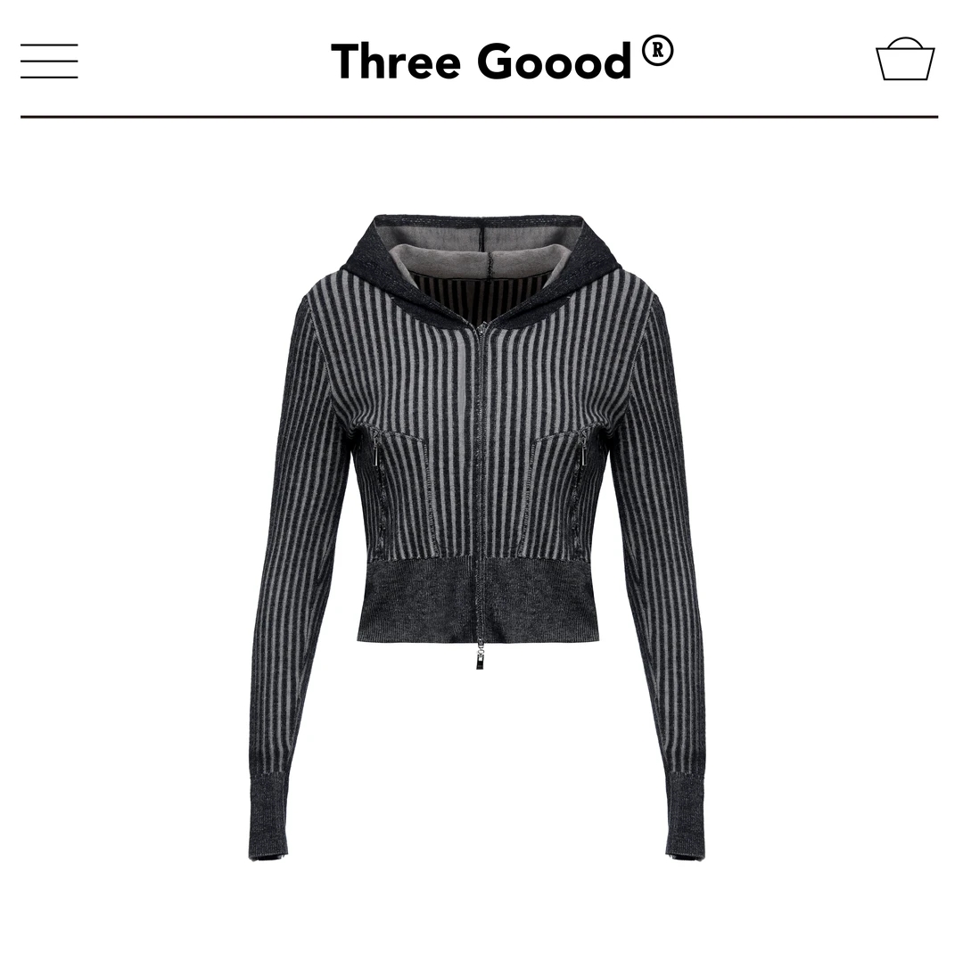 THREE GOOOD/三吉 线条画笔透气百搭通勤拉链带帽针织衫 ZZ230030