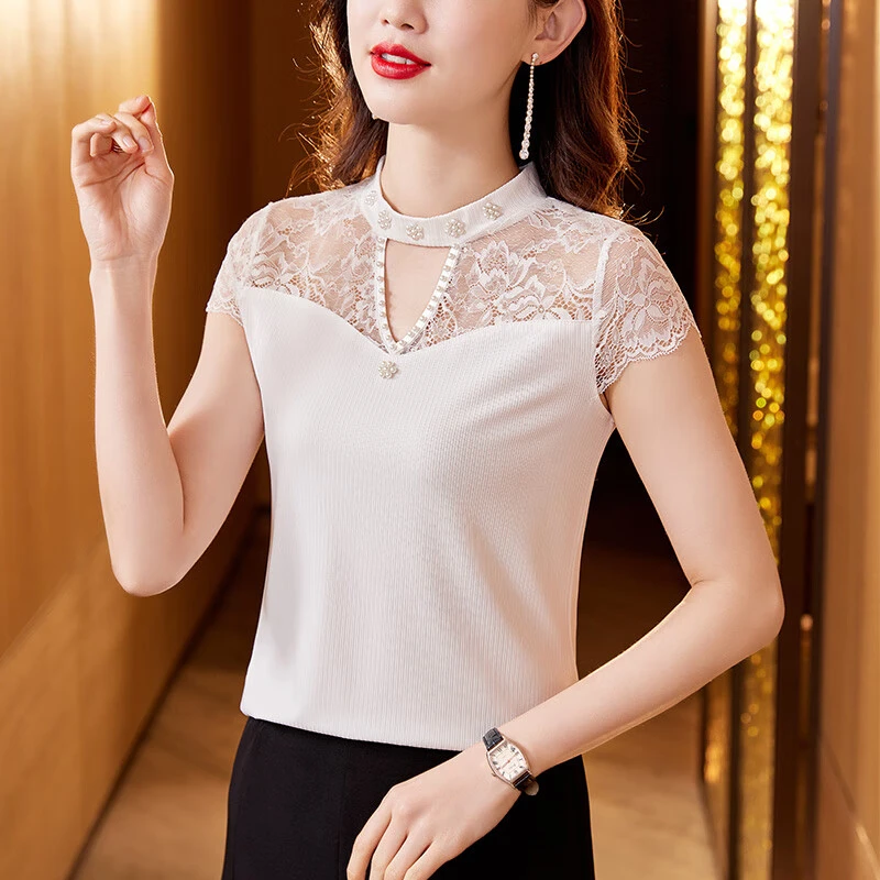 夏季新款优雅气质减龄蕾丝百搭短袖T恤R7359