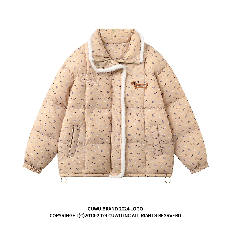 cuwu美式腊肠小狗满印棉衣棉服女冬季宽松显瘦加厚保暖面包服外套