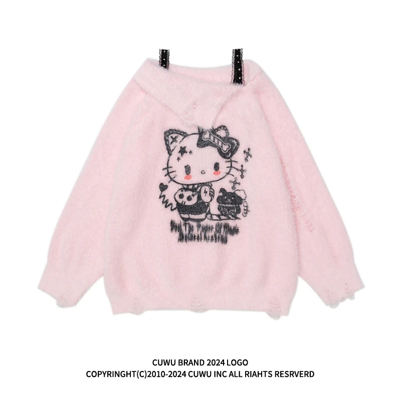 cuwu甜酷kitty猫马海毛露肩毛衣女秋冬加厚软糯针织衫一字肩上衣