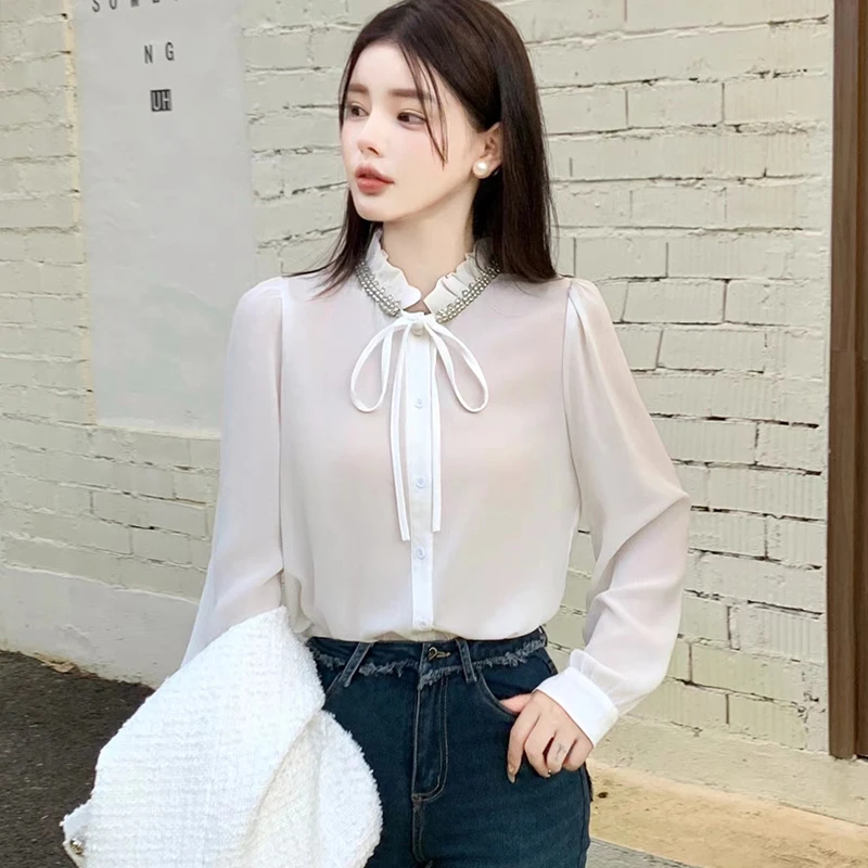 白色法式手缝钻系带原创小香风衬衫气质百搭设计感洋气打底小衫