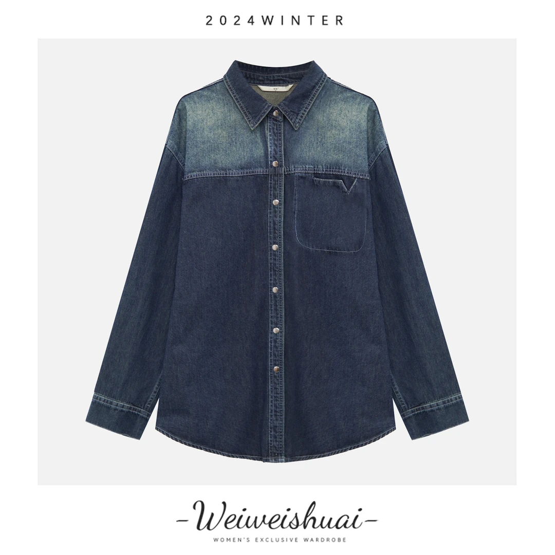 3391韩版春秋时尚复古简约百搭休闲长袖水洗牛仔衬衫秋季女衬衣