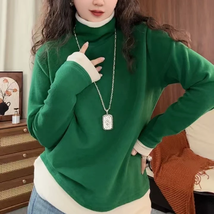 【广州微姐】秋冬德绒女士时尚百搭拼接撞色休闲套头长袖打底T恤783