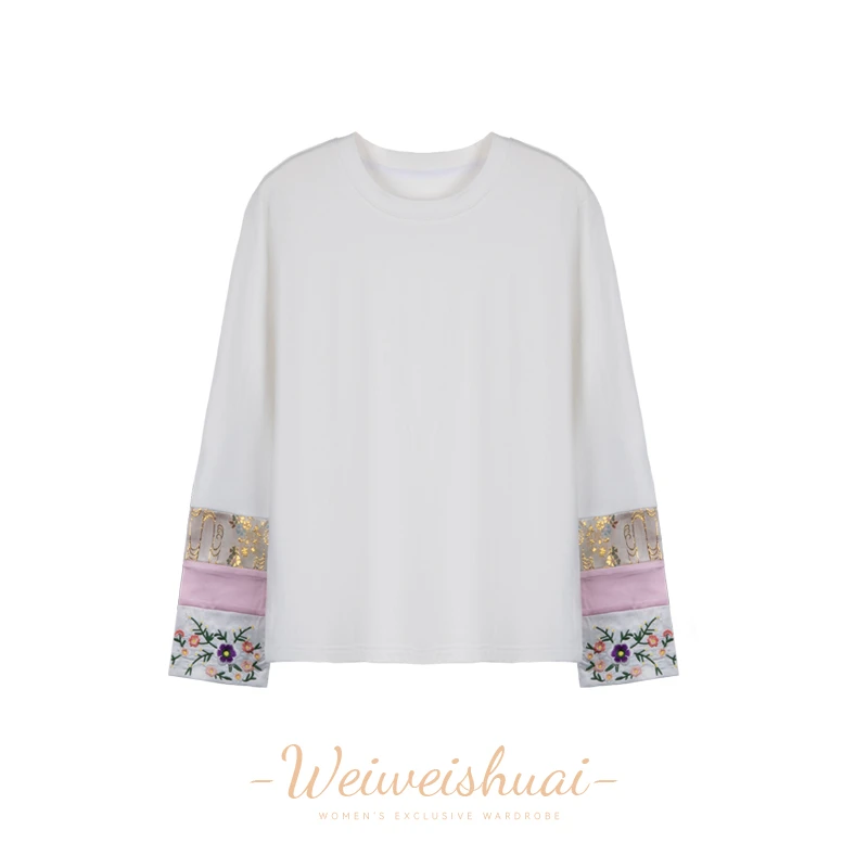 2253秋冬时尚洋气国风拼接女士套头百搭打底衫修身长袖