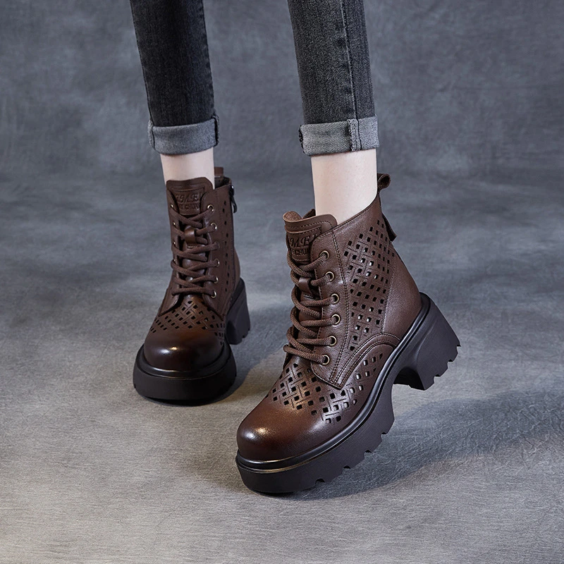 国色天香24X747头层牛皮女凉靴春夏复古英伦厚底薄款镂空真皮透气