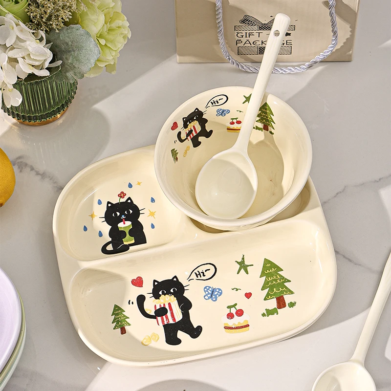 高温釉卡通大人定量陶瓷211分格盘家用儿童餐盘三格分餐盘高颜值