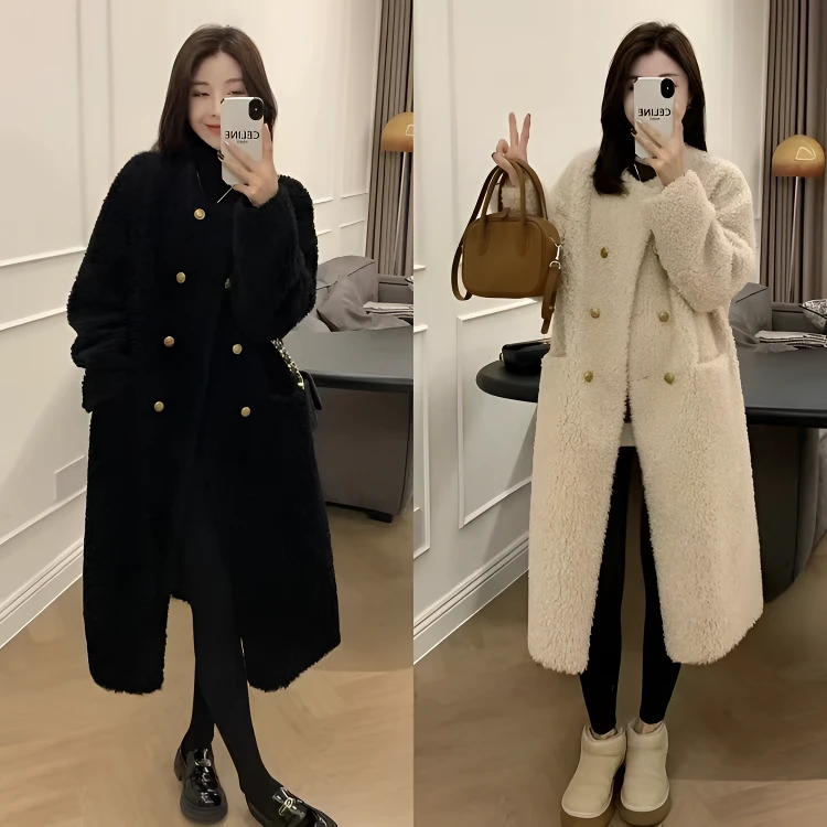 简约宽松软糯高级感外套女中长款双排扣颗粒绒皮毛一体大衣秋冬款