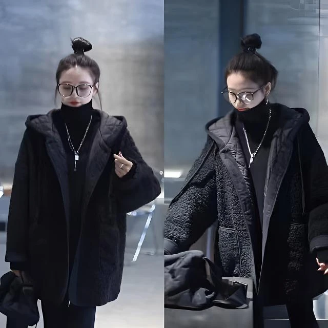 2024新款摇粒绒高级感夹棉连帽羊羔毛绒小香风外套女秋冬加绒棉服